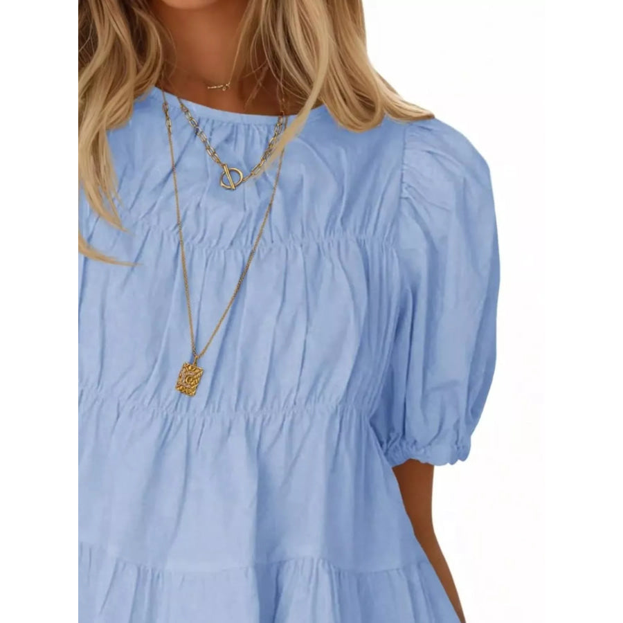 Ruched Tiered Puff Sleeve Blouse Apparel and Accessories