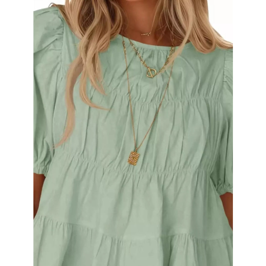 Ruched Tiered Puff Sleeve Blouse Apparel and Accessories