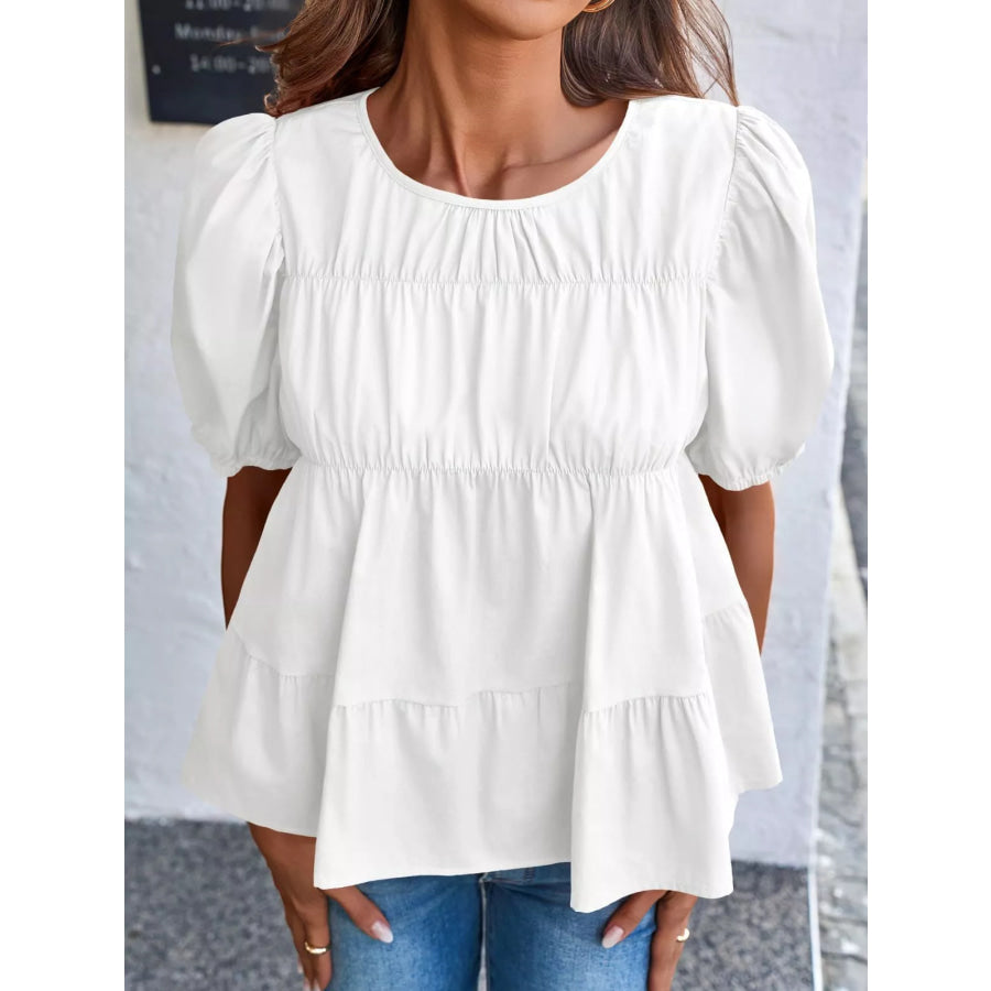 Ruched Tiered Puff Sleeve Blouse Apparel and Accessories