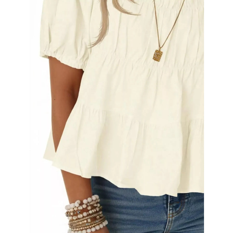 Ruched Tiered Puff Sleeve Blouse Apparel and Accessories