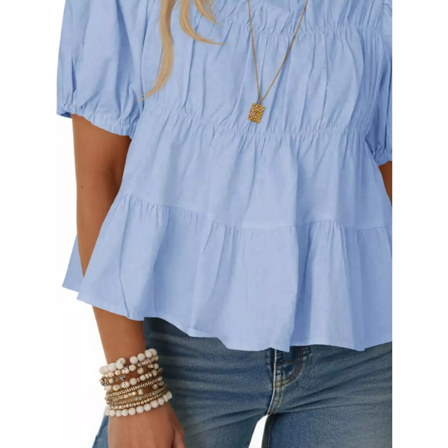 Ruched Tiered Puff Sleeve Blouse Apparel and Accessories