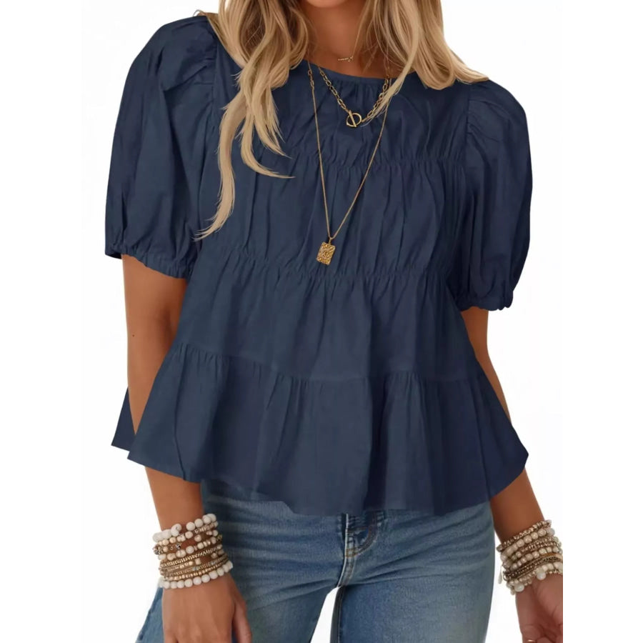 Ruched Tiered Puff Sleeve Blouse Dark Blue / S Apparel and Accessories