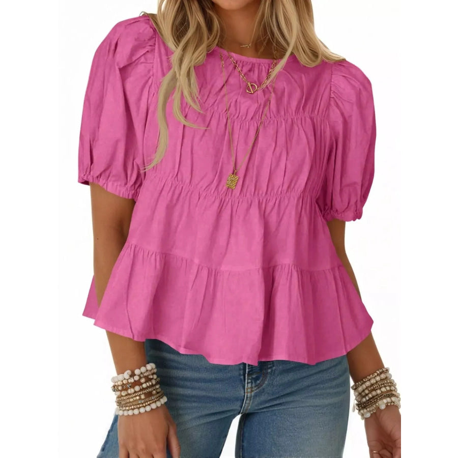 Ruched Tiered Puff Sleeve Blouse Rose Pink / S Apparel and Accessories