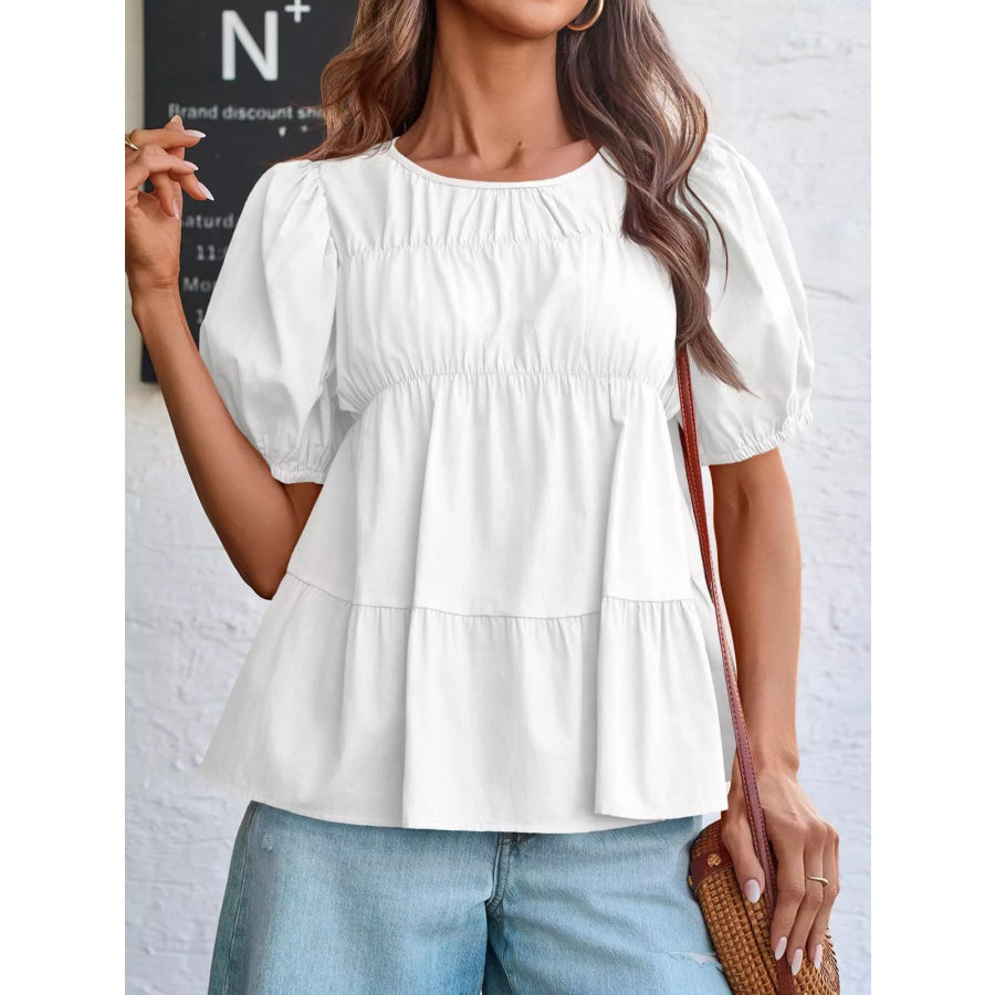 Ruched Tiered Puff Sleeve Blouse White / S Apparel and Accessories