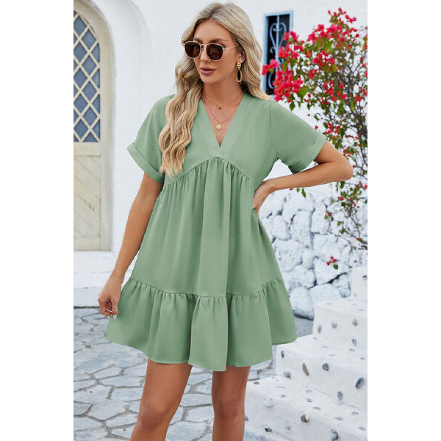 Ruched Tiered V - Neck Short Sleeve Mini Dress Apparel and Accessories