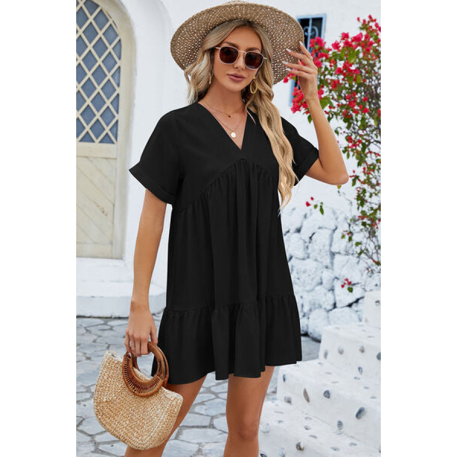 Ruched Tiered V - Neck Short Sleeve Mini Dress Apparel and Accessories