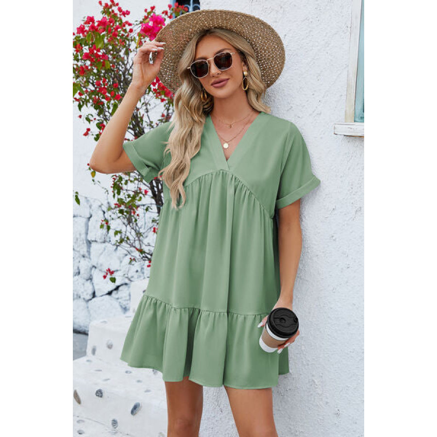 Ruched Tiered V - Neck Short Sleeve Mini Dress Apparel and Accessories