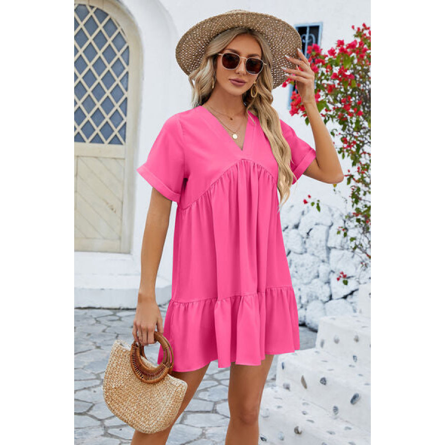 Ruched Tiered V - Neck Short Sleeve Mini Dress Apparel and Accessories