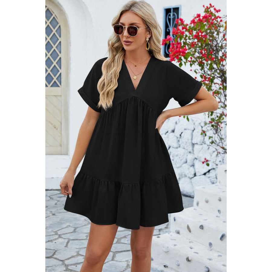 Ruched Tiered V - Neck Short Sleeve Mini Dress Black / S Apparel and Accessories