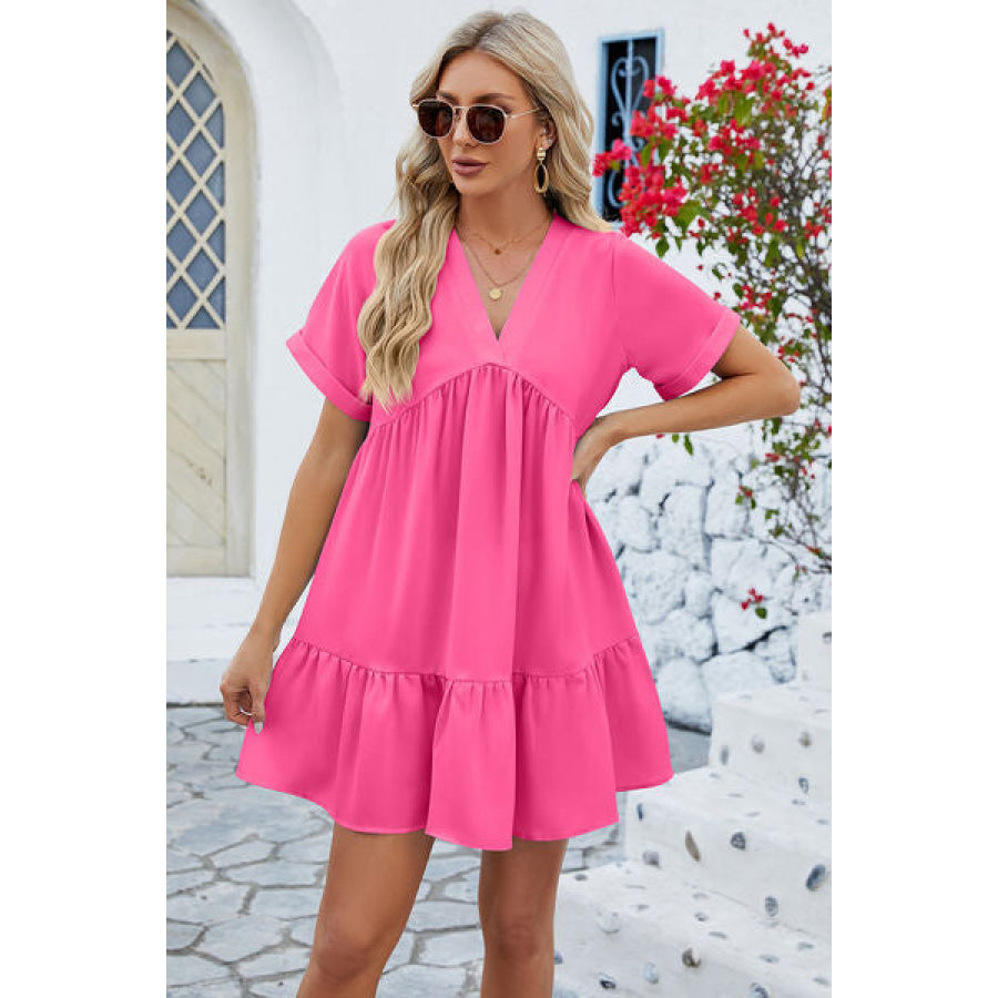 Ruched Tiered V - Neck Short Sleeve Mini Dress Hot Pink / S Apparel and Accessories