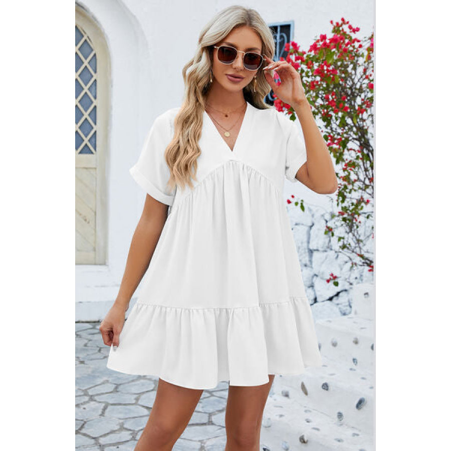 Ruched Tiered V - Neck Short Sleeve Mini Dress White / S Apparel and Accessories