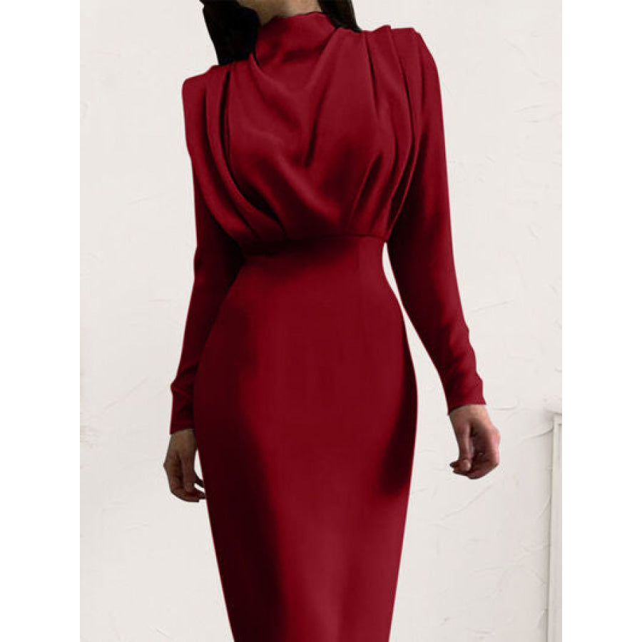 Ruched Turtleneck Long Sleeve Dress Apparel and Accessories