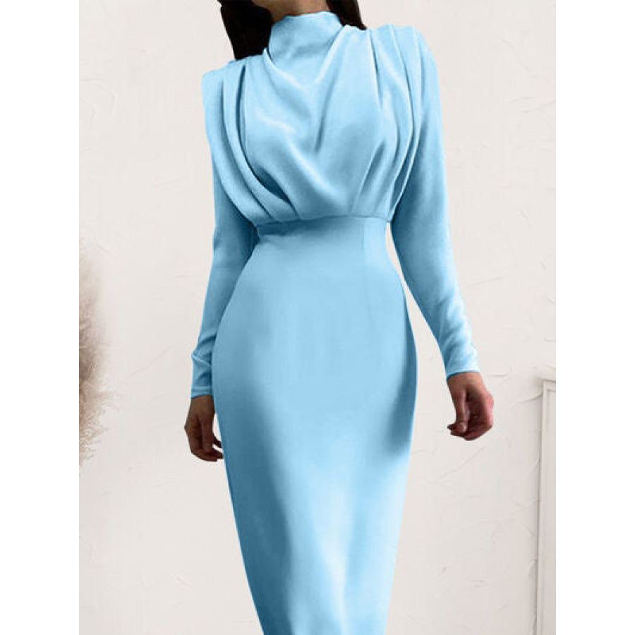 Ruched Turtleneck Long Sleeve Dress Pastel Blue / S Apparel and Accessories