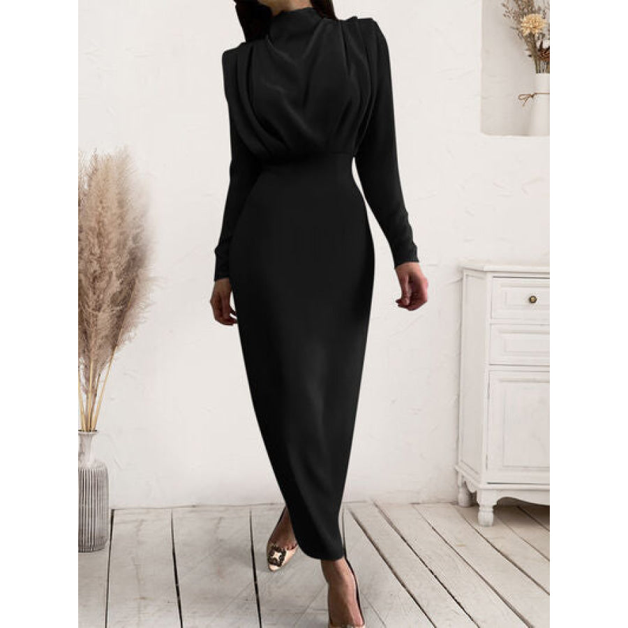 Ruched Turtleneck Long Sleeve Dress Black / S Apparel and Accessories