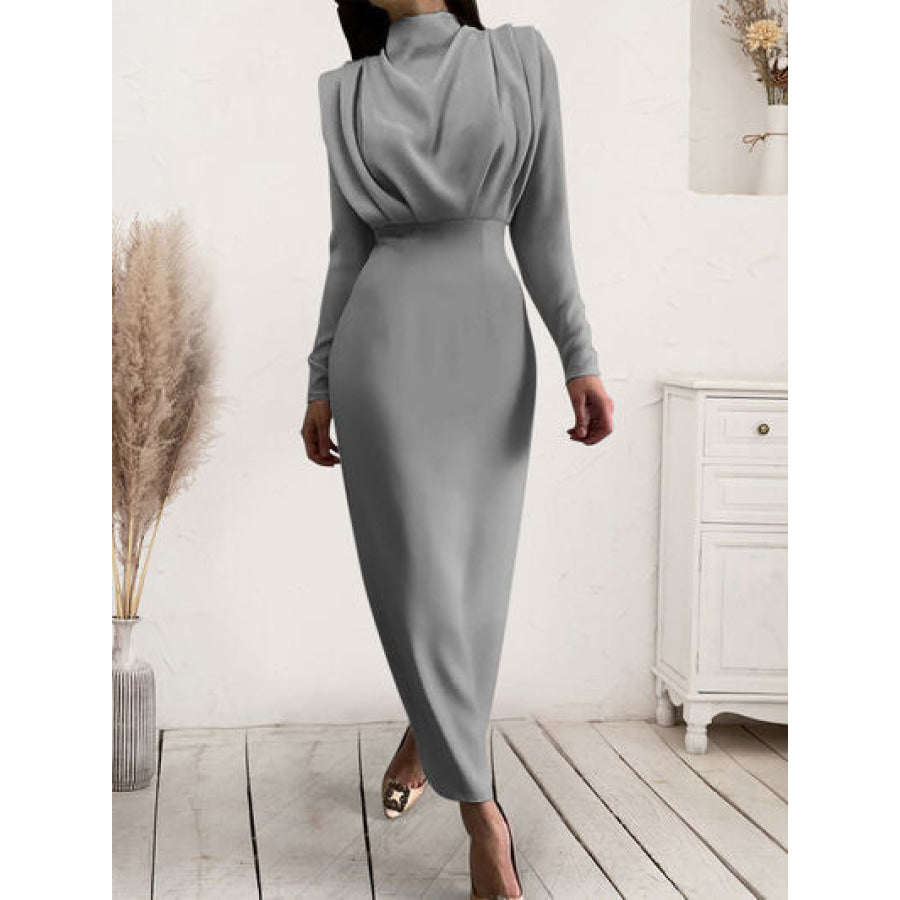 Ruched Turtleneck Long Sleeve Dress Charcoal / S Apparel and Accessories