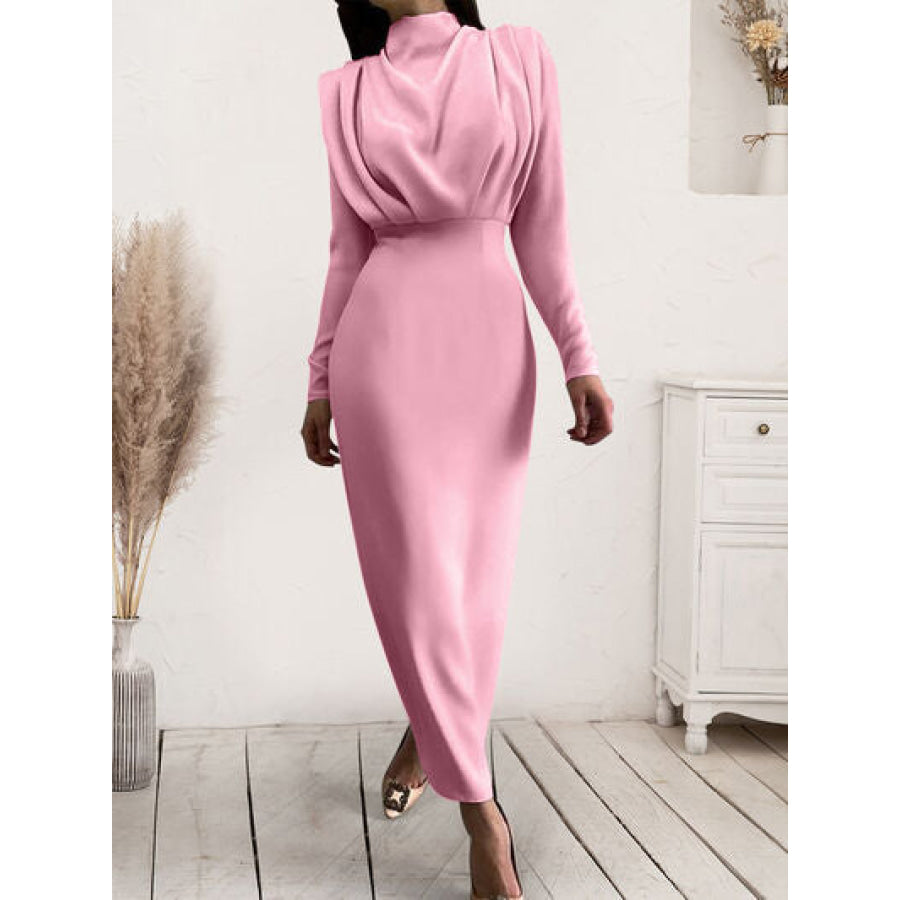 Ruched Turtleneck Long Sleeve Dress Dusty Pink / S Apparel and Accessories