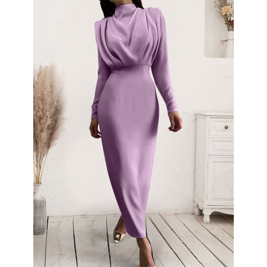 Ruched Turtleneck Long Sleeve Dress Lilac / S Apparel and Accessories