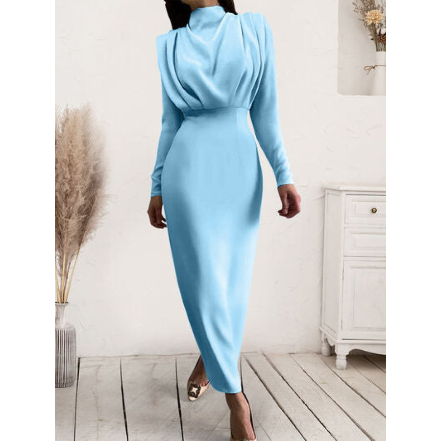 Ruched Turtleneck Long Sleeve Dress Pastel Blue / S Apparel and Accessories