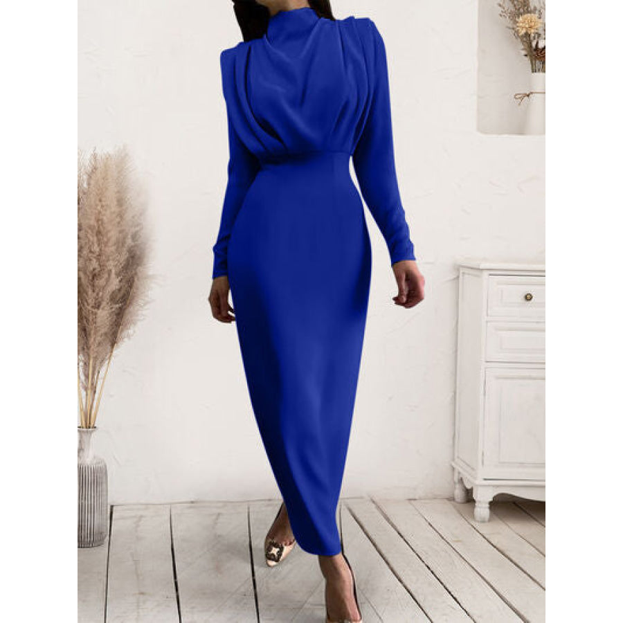 Ruched Turtleneck Long Sleeve Dress Royal Blue / S Apparel and Accessories