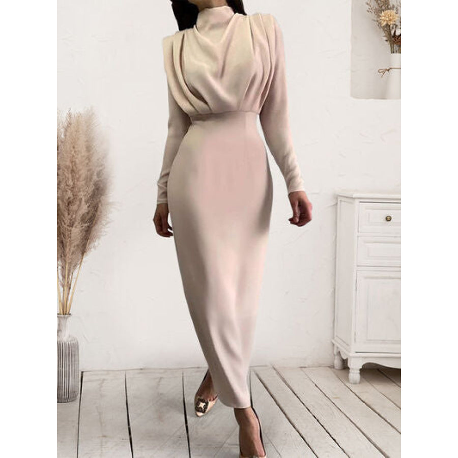 Ruched Turtleneck Long Sleeve Dress Sand / S Apparel and Accessories