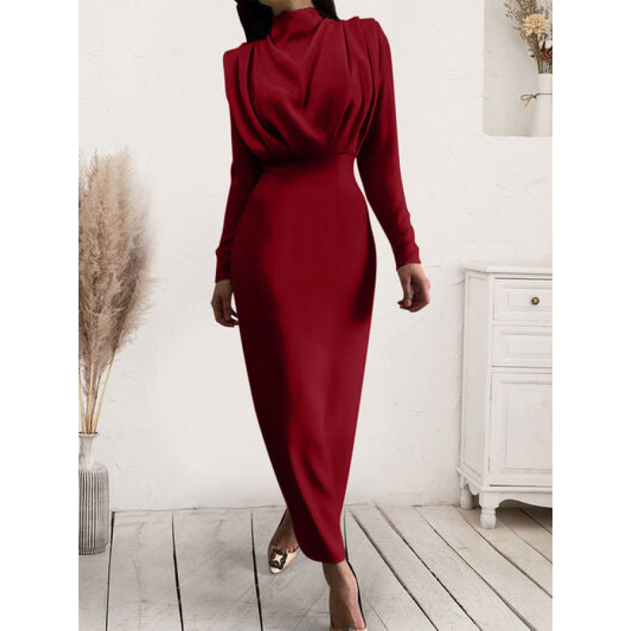 Ruched Turtleneck Long Sleeve Dress Wine / S Apparel and Accessories