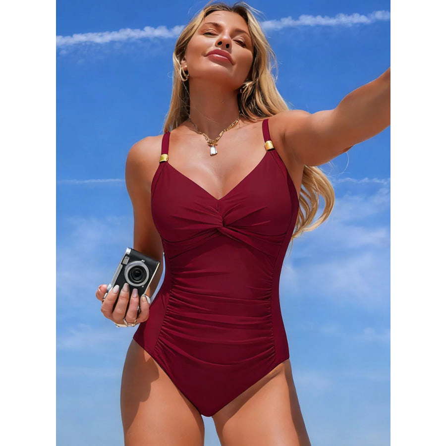Ruched Twist Front One-Piece Swimsuit Apparel and Accessories