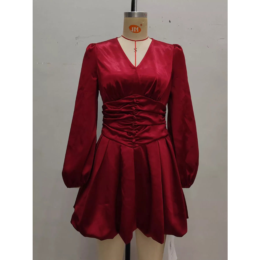 Ruched V-Neck Balloon Sleeve Dress Apparel and Accessories
