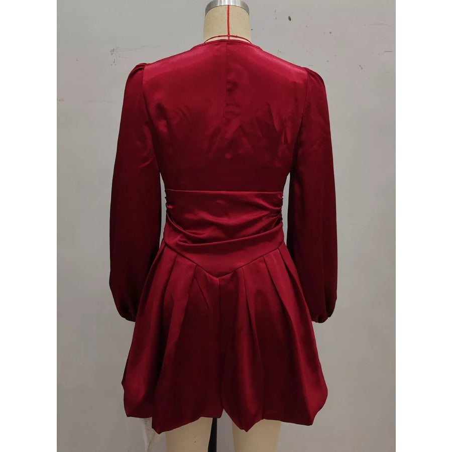Ruched V-Neck Balloon Sleeve Dress Apparel and Accessories