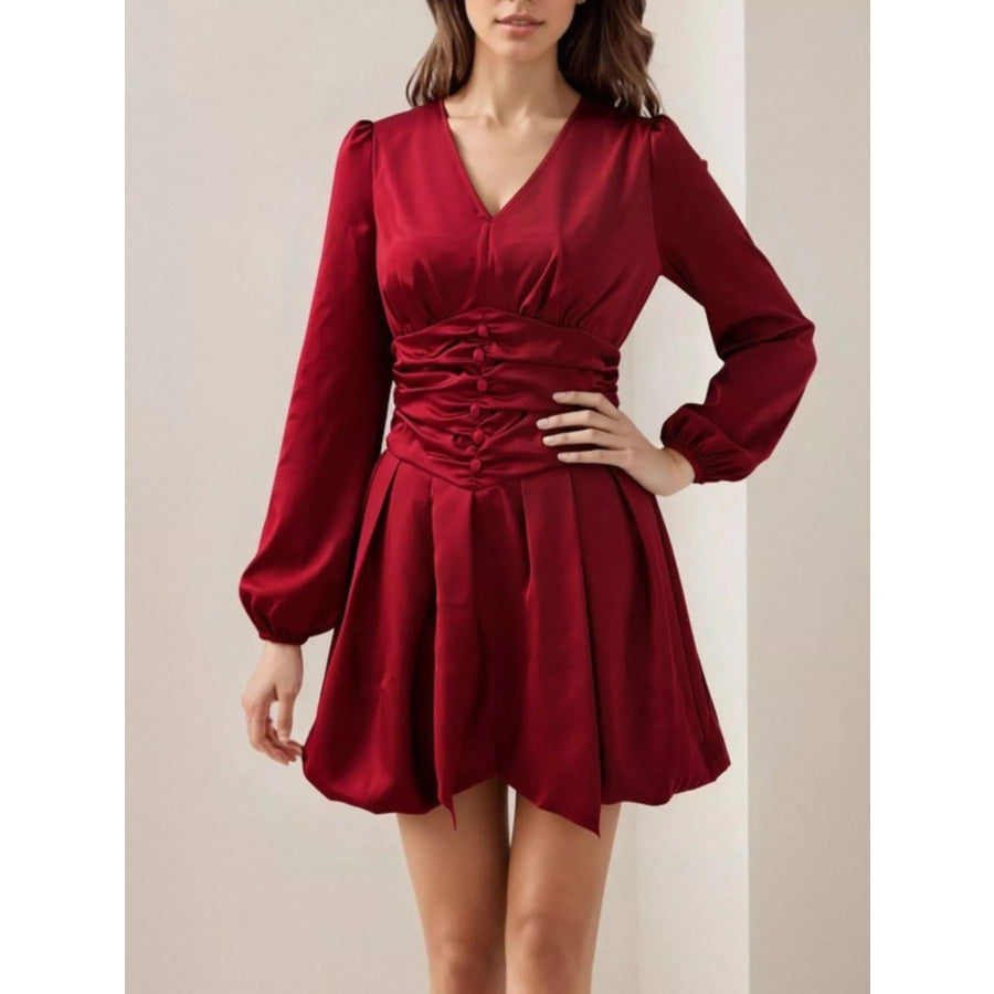 Ruched V-Neck Balloon Sleeve Dress Red / S Apparel and Accessories