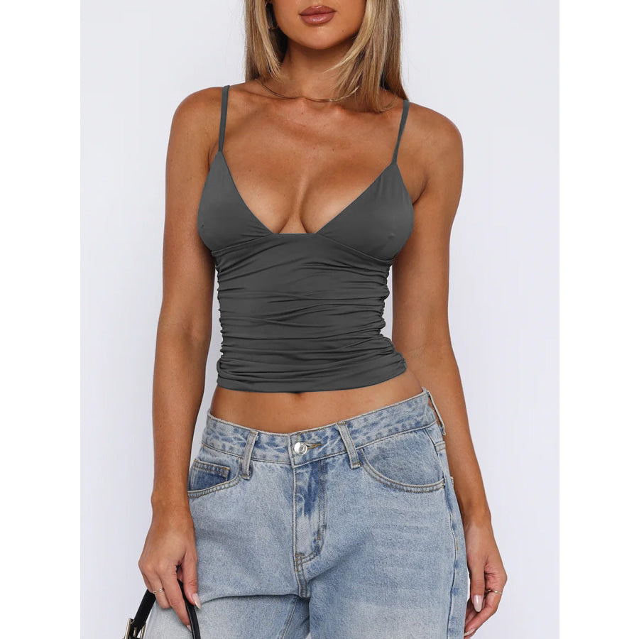 Ruched V-Neck Cami Dark Gray / S Apparel and Accessories