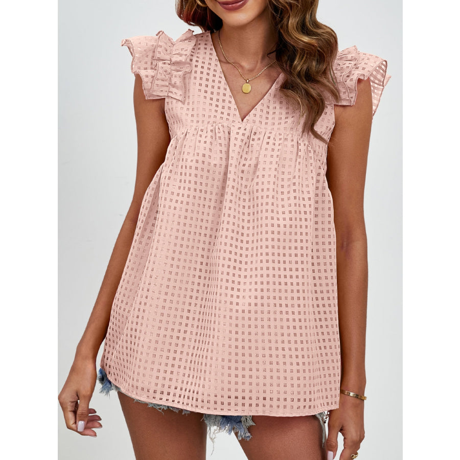 Ruched V-Neck Cap Sleeve Blouse Light Apricot / S Apparel and Accessories