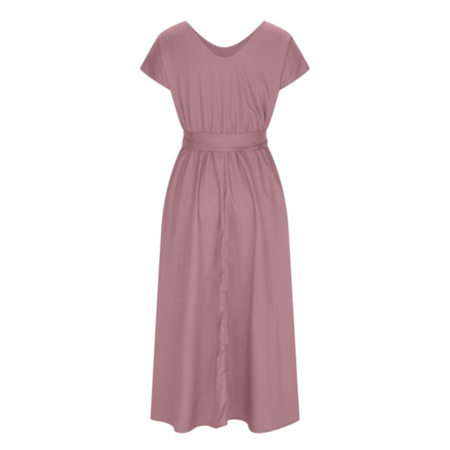 Ruched V - Neck Cap Sleeve Dress Moonlit Mauve / S Apparel and Accessories