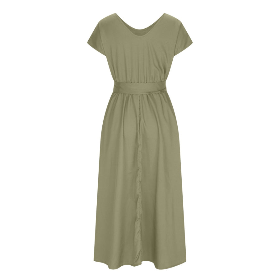 Ruched V - Neck Cap Sleeve Dress Apparel and Accessories