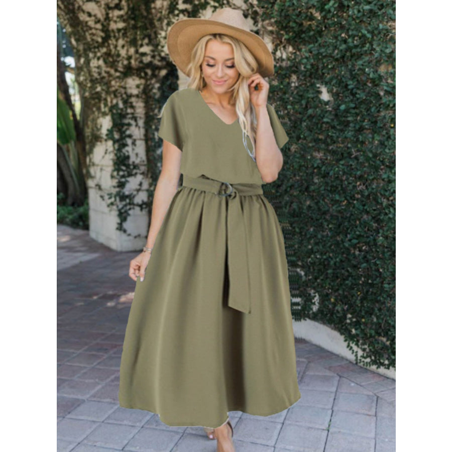 Ruched V - Neck Cap Sleeve Dress Matcha Green / S Apparel and Accessories