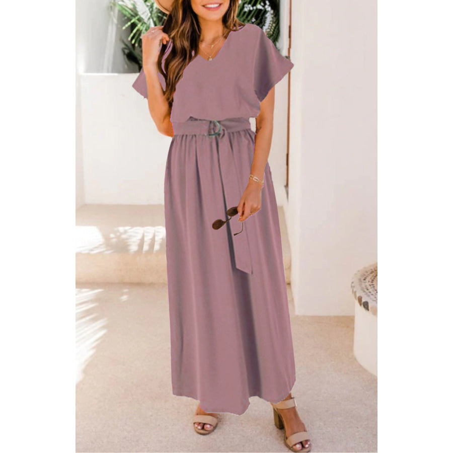 Ruched V - Neck Cap Sleeve Dress Moonlit Mauve / S Apparel and Accessories