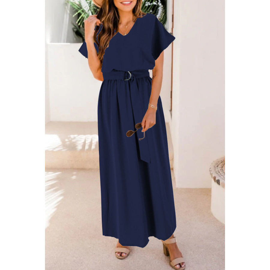 Ruched V - Neck Cap Sleeve Dress Navy / S Apparel and Accessories