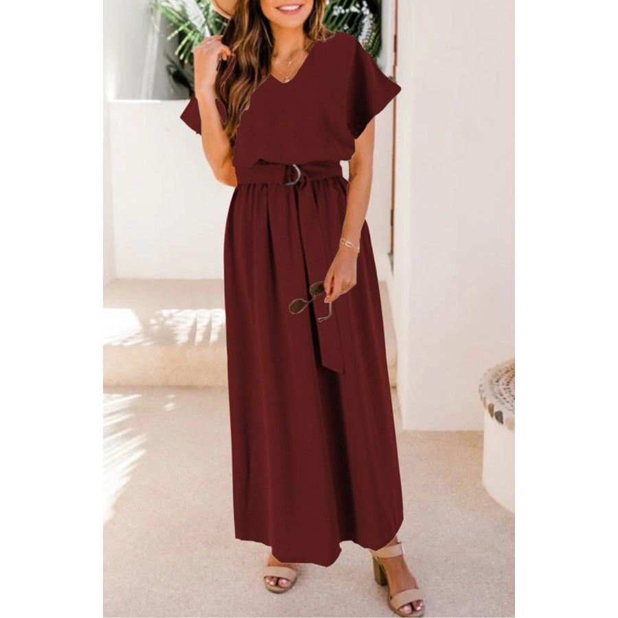 Ruched V - Neck Cap Sleeve Dress Wine / S Apparel and Accessories