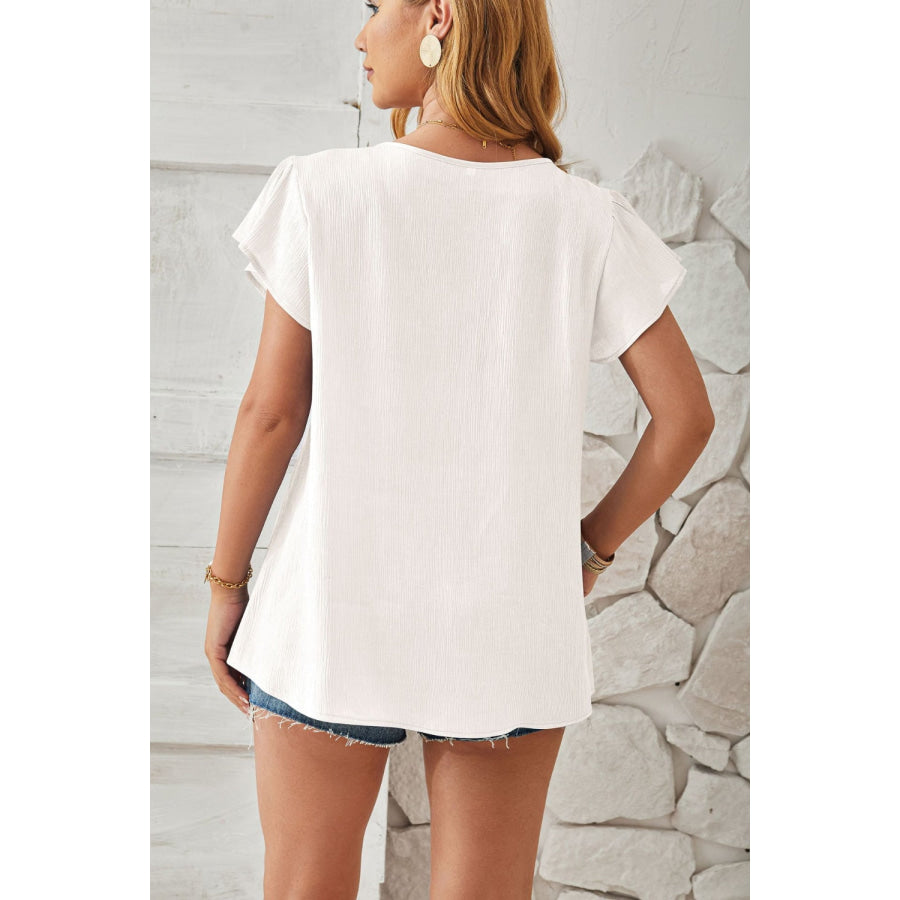 Ruched V-Neck Flounce Sleeve Blouse White / S Apparel and Accessories