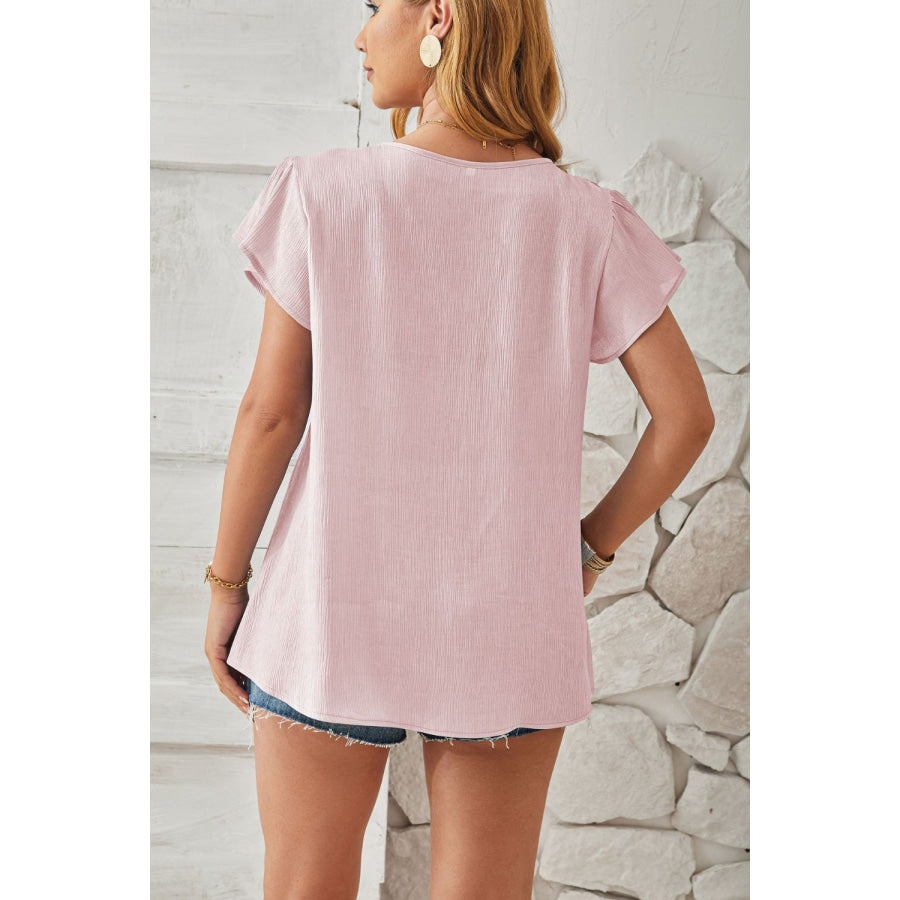 Ruched V-Neck Flounce Sleeve Blouse Apparel and Accessories