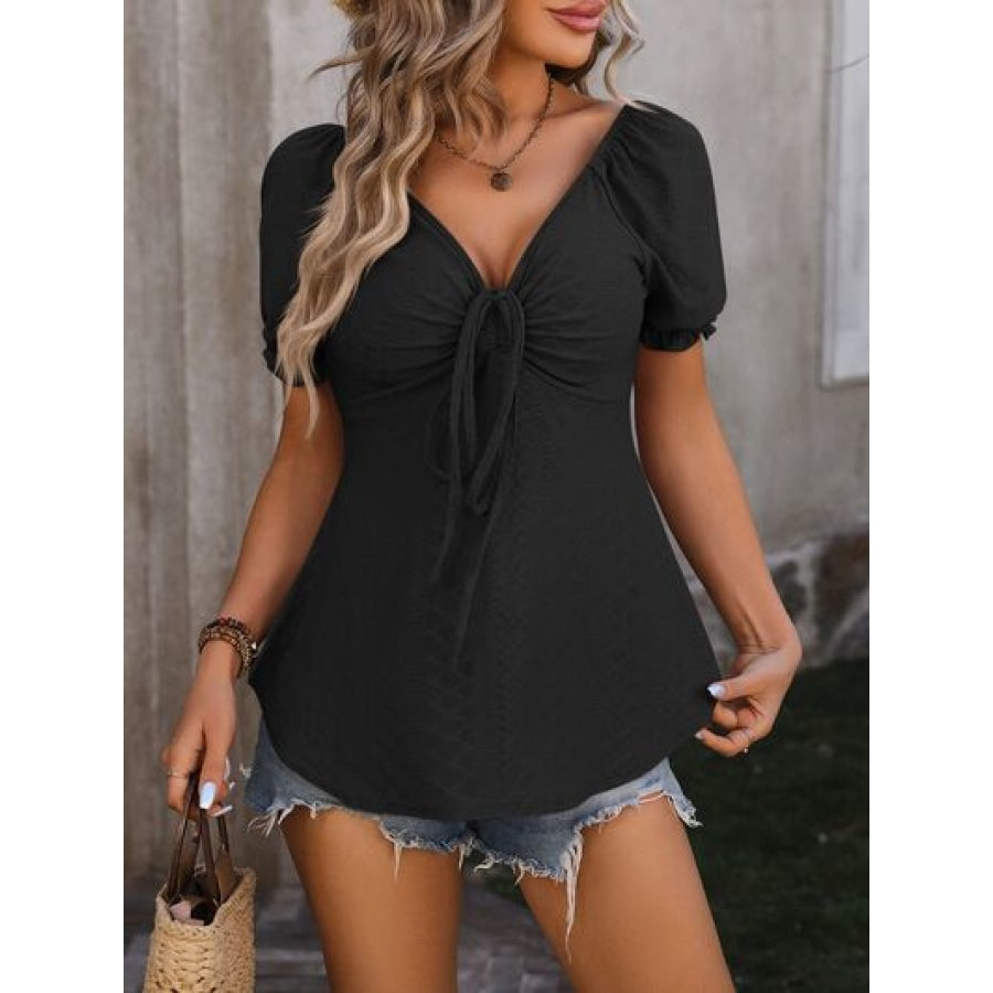 Ruched V-Neck Flounce Sleeve Blouse Black / S Apparel and Accessories