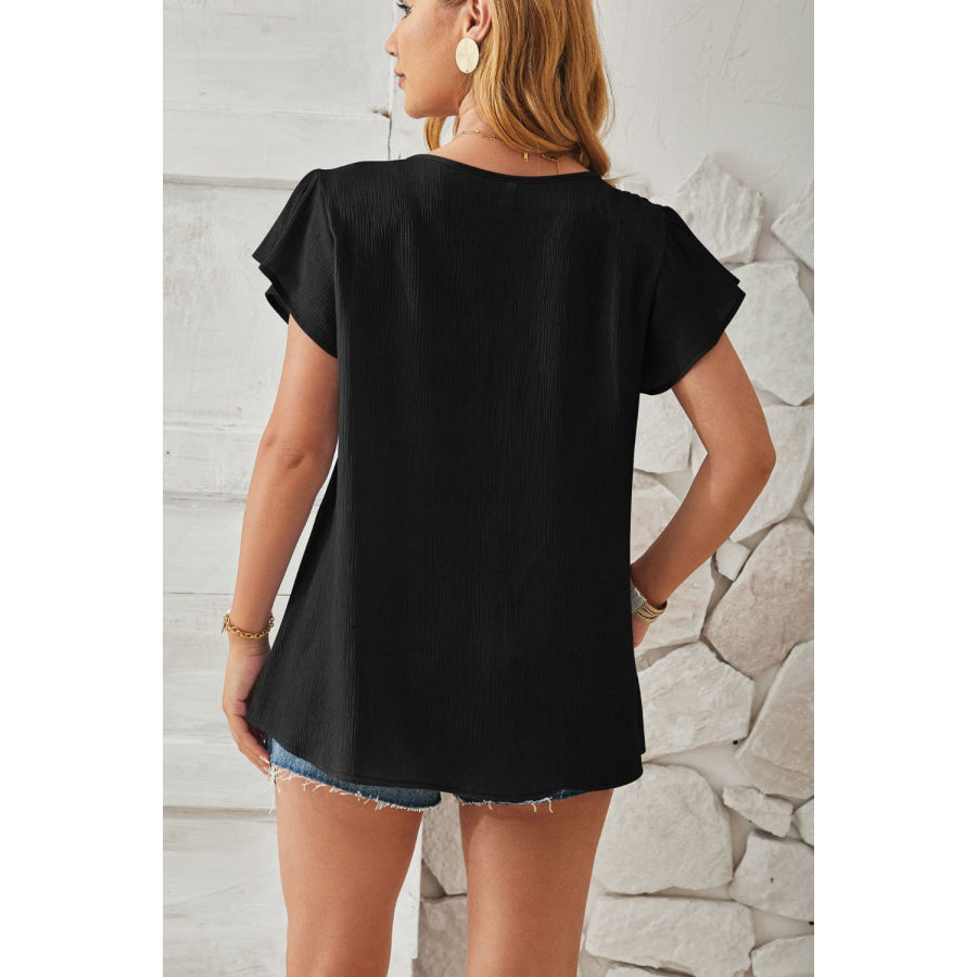 Ruched V-Neck Flounce Sleeve Blouse Black / S Apparel and Accessories