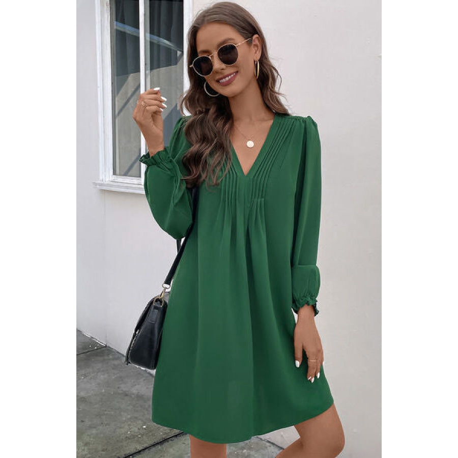 Ruched V-Neck Flounce Sleeve Dress Apparel and Accessories