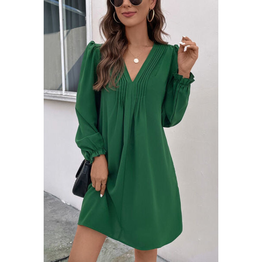 Ruched V-Neck Flounce Sleeve Dress Apparel and Accessories