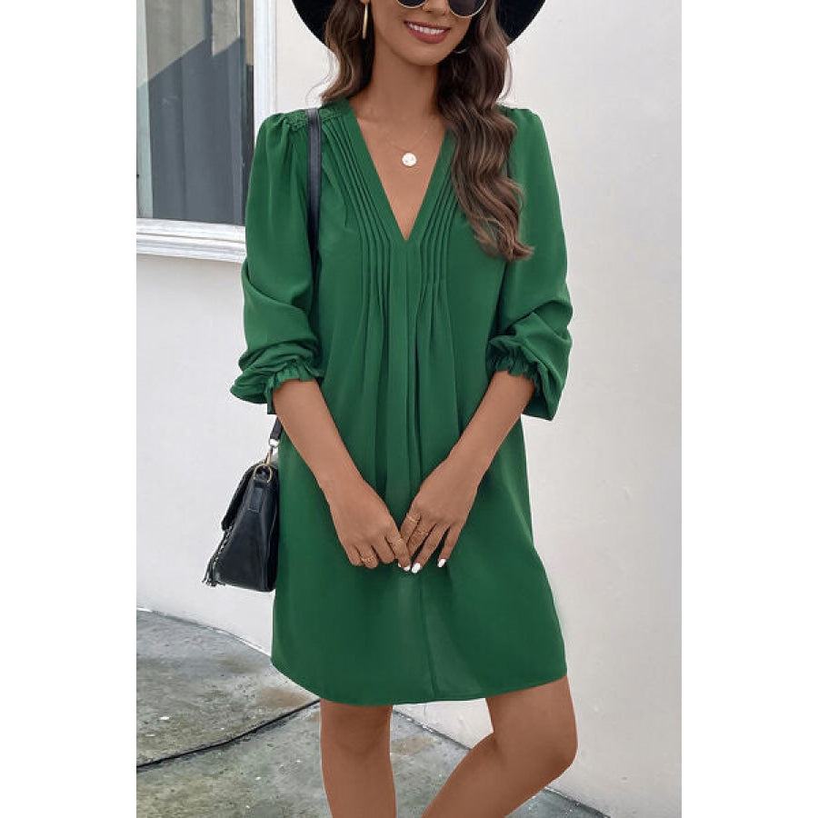 Ruched V-Neck Flounce Sleeve Dress Apparel and Accessories