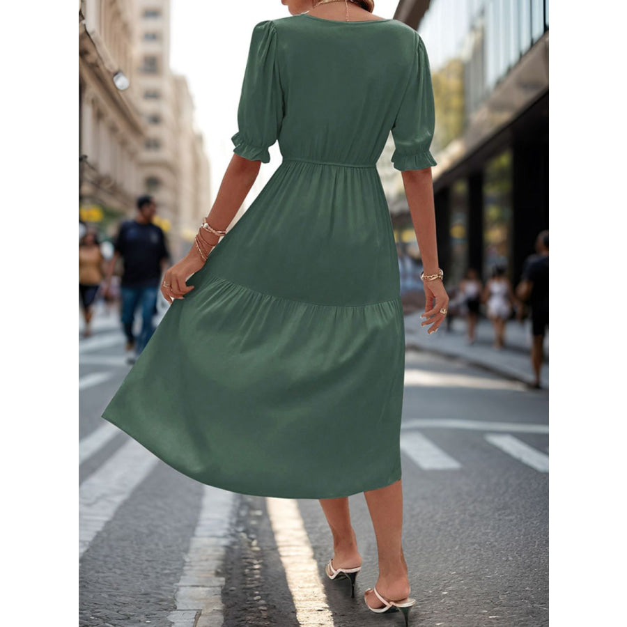 Ruched V-Neck Half Sleeve Midi Dress Apparel and Accessories