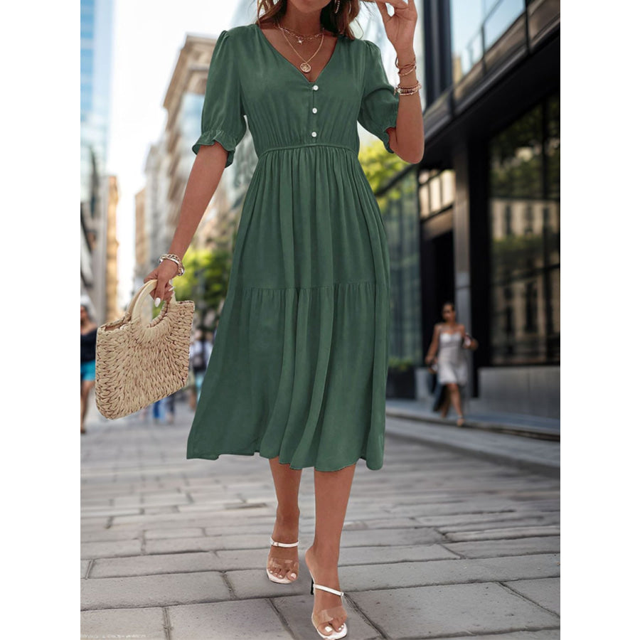 Ruched V-Neck Half Sleeve Midi Dress Apparel and Accessories