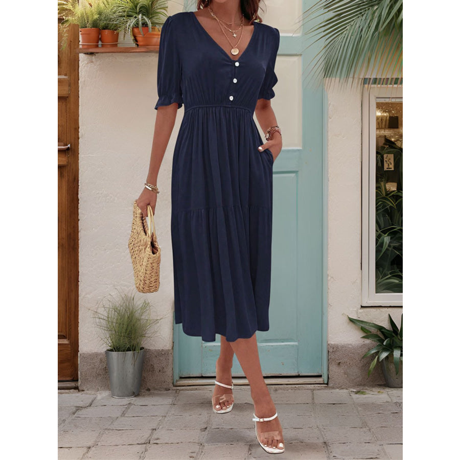 Ruched V-Neck Half Sleeve Midi Dress Apparel and Accessories