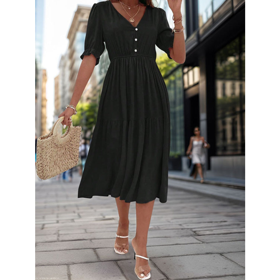 Ruched V-Neck Half Sleeve Midi Dress Apparel and Accessories