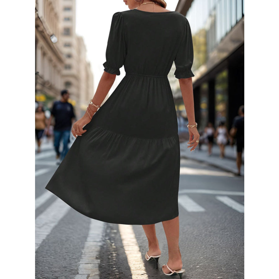 Ruched V-Neck Half Sleeve Midi Dress Apparel and Accessories