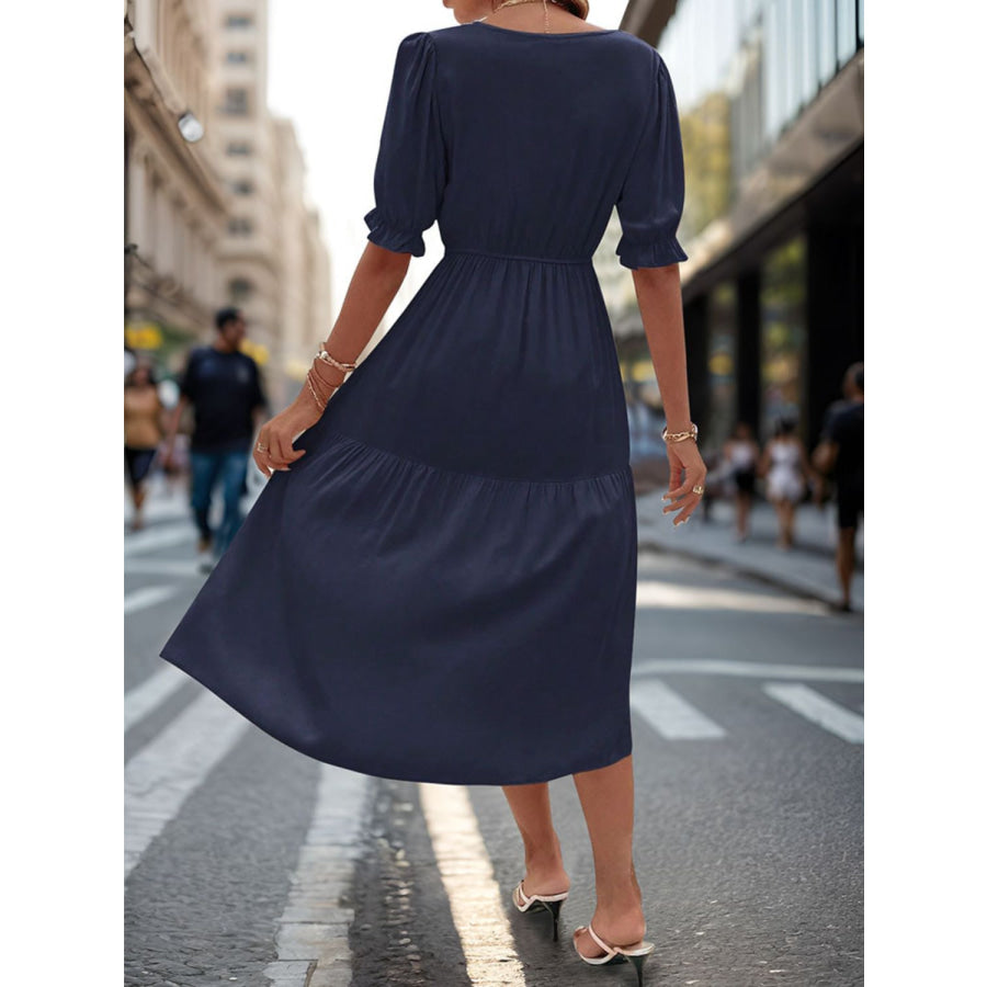 Ruched V-Neck Half Sleeve Midi Dress Apparel and Accessories